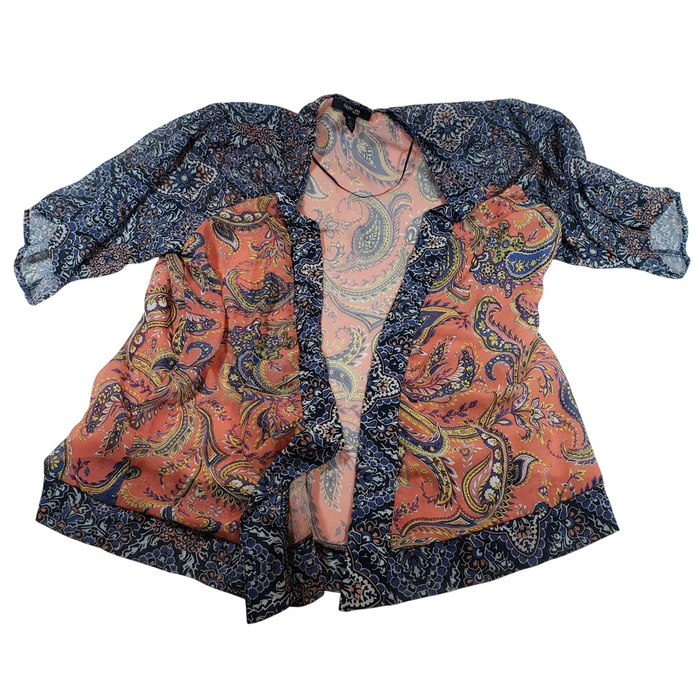 Style & Co Woman 2X Paisley Print Open‎ Front Kimono Top Blouse Peach Blue